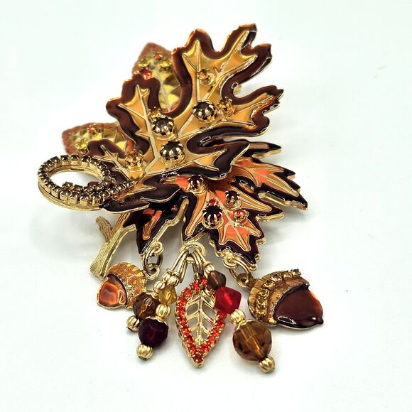 Lunch At The Ritz Autumn Leaf Brooch RARE VTG Enamel Leaves Pendant LATR 2GO Pin - Picture 3 of 16